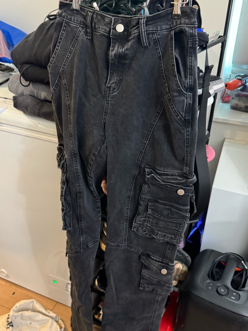 Black Washed Cargo Pants with Multi Pockets
